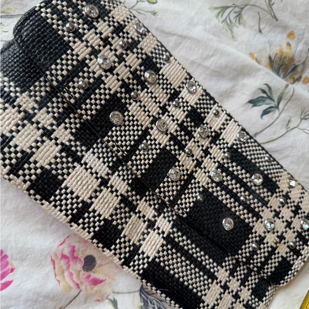 Banana Republic Black and White Plaid Clutch with Rhinestones